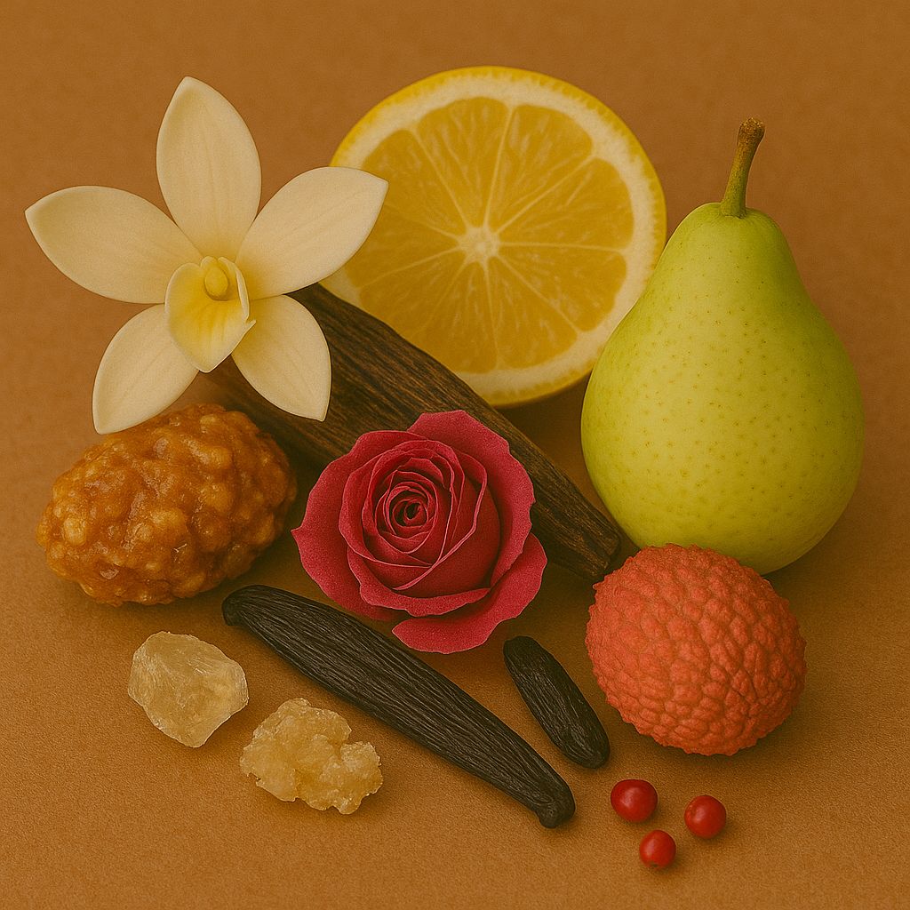 Orange blossom, bergamot, agarwood (oud), praline, rose, vanilla, guaiac wood, copahu balm, litchi, pear, grapefruit, pink pepper