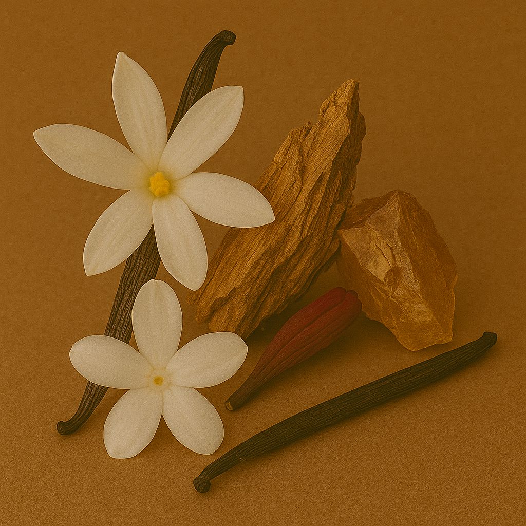 Madagascar vanilla, white musk, virginian cedar, amber, woody notes, vetiver, evernyl
