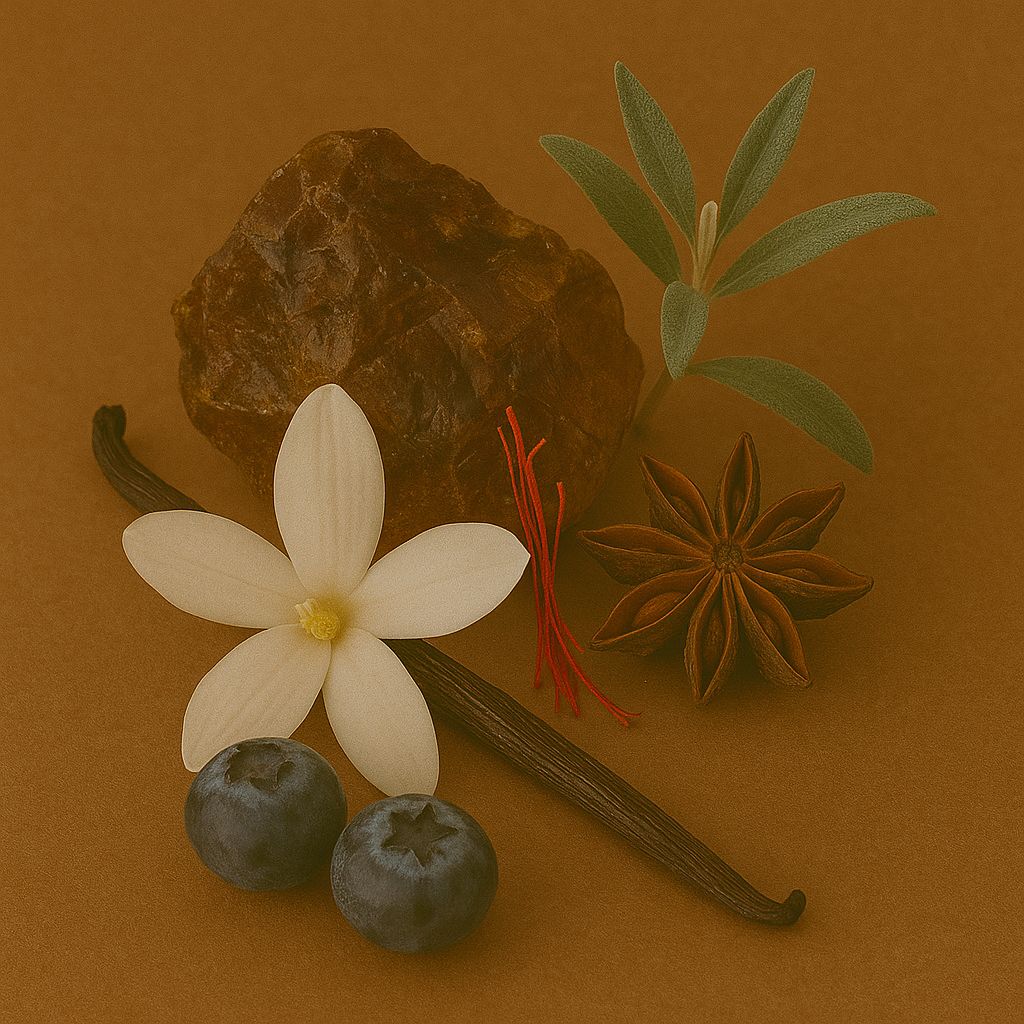 Labdanum, blueberry, anise, saffron, jasmine